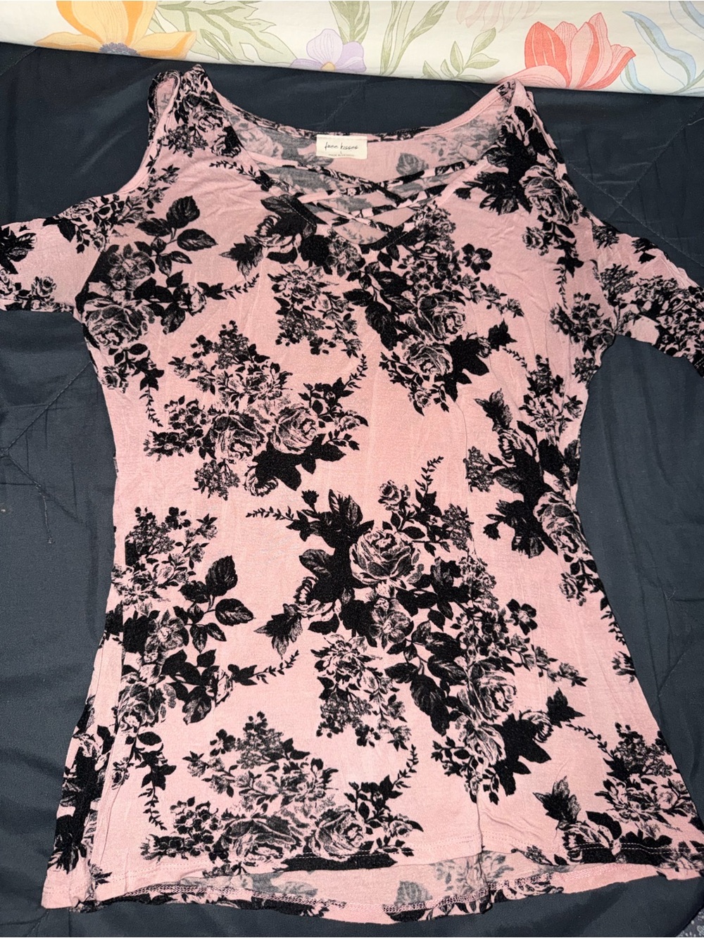 Free Kisses Pink Cold-Shoulder Floral Tunic with Black Print